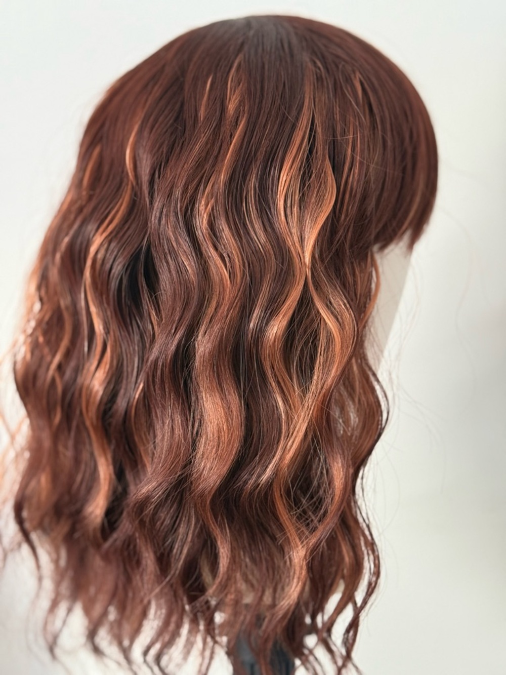 Auburn Brown Wavy Wig With Bangs Natural Looking Soft Waves Shoulder Length Hair